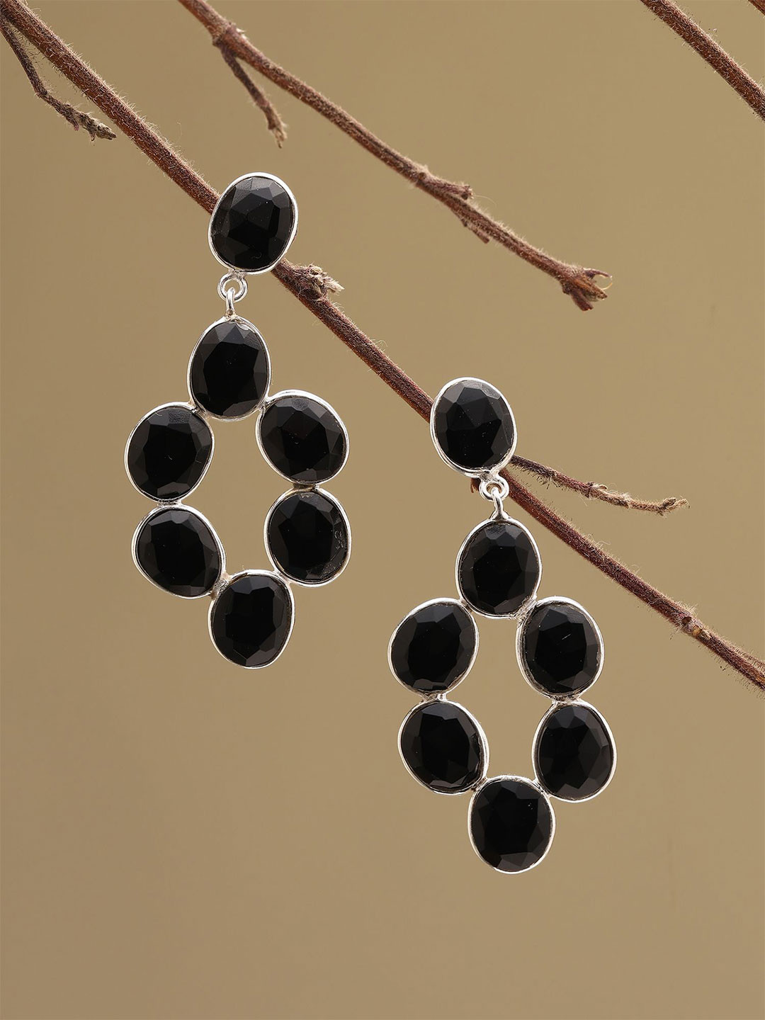 Exotic India Sterling Silver Onyx Oval Chandelier Style Drop Earrings