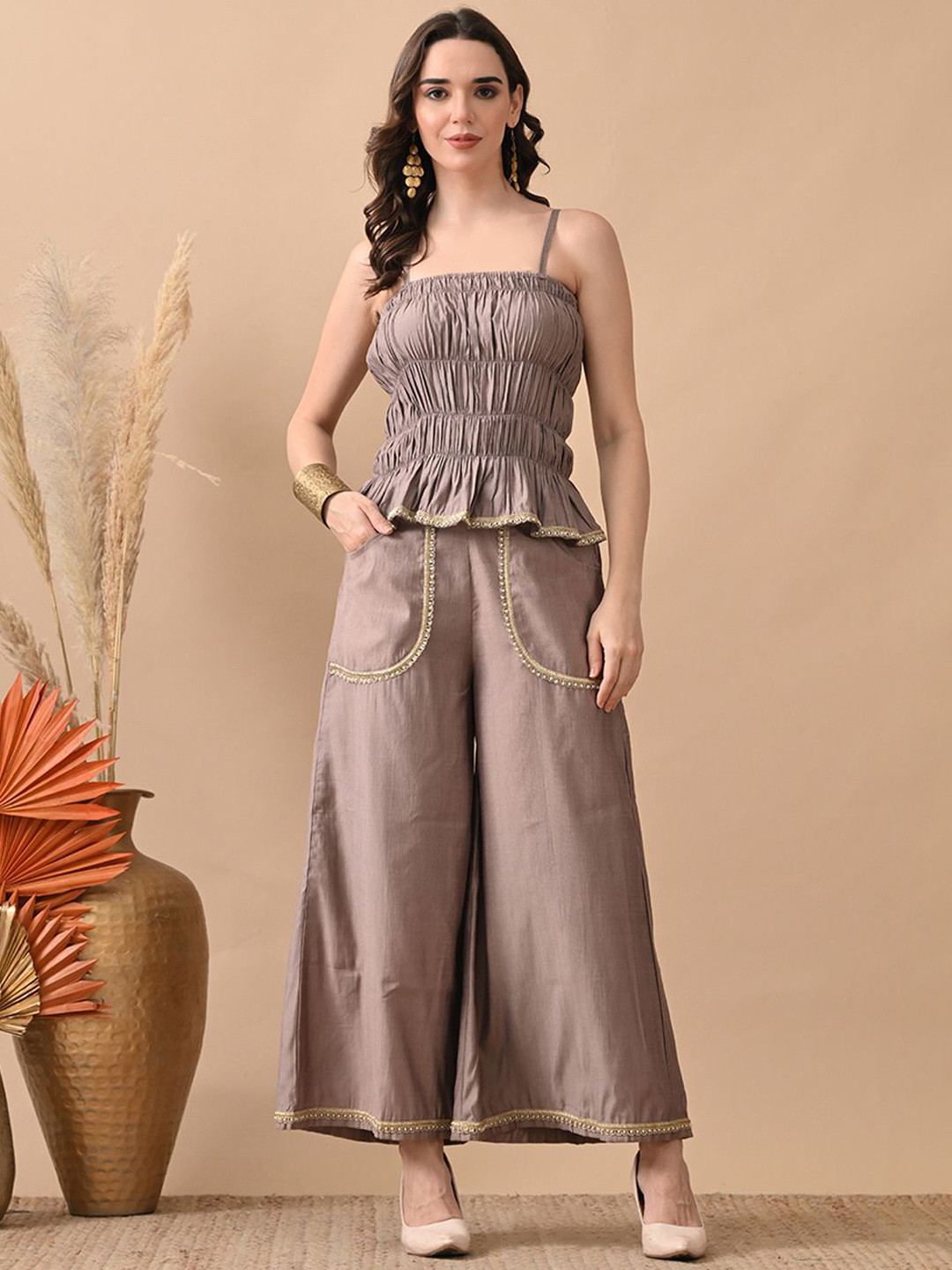 Myshka Self Design Tube Top & Trousers Co-Ord Set