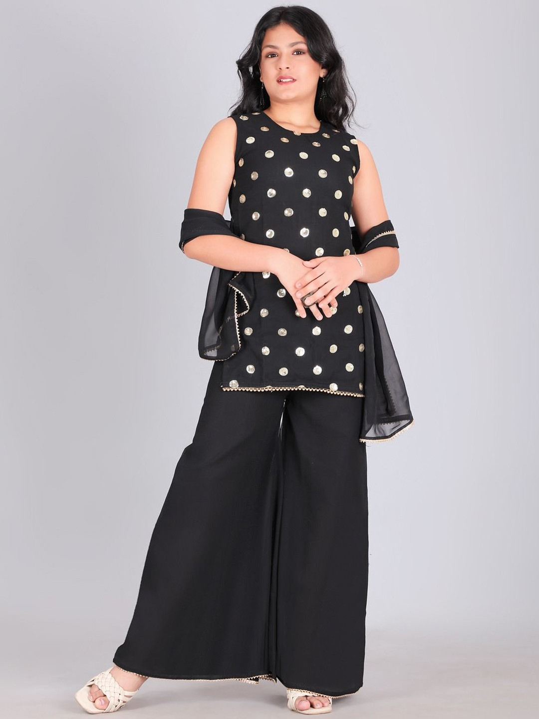 Aarya Designer Girls Woven Design Embroidered A-Line Kurta with Palazzos & Dupatta