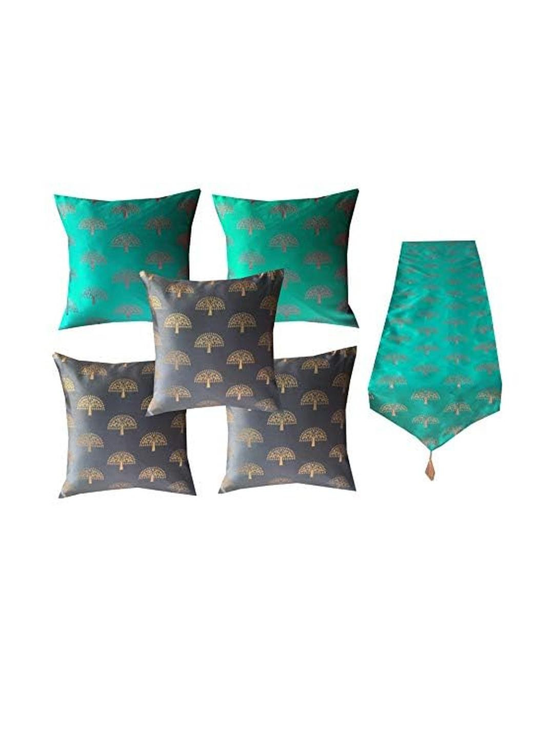 Pink Parrot Green & Grey Printed Jacquard Silk Table Runner & 5 Pcs Of Cushion Covers