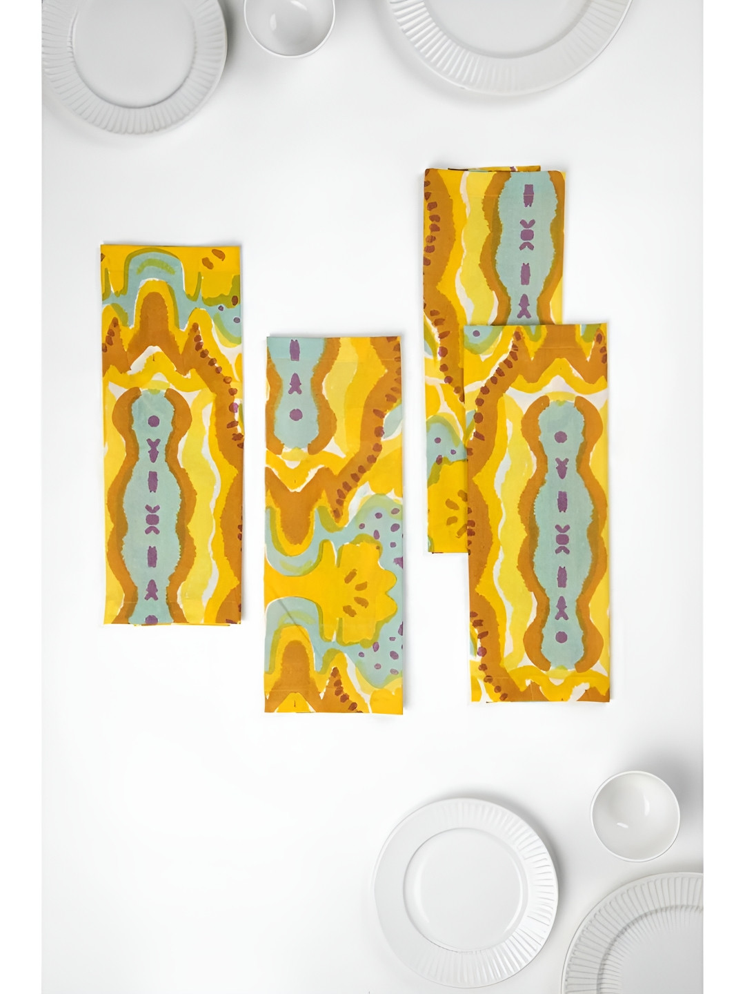 FREEDOM TREE Mansara 4-Pcs Yellow Printed Cotton Dinner Table Napkins