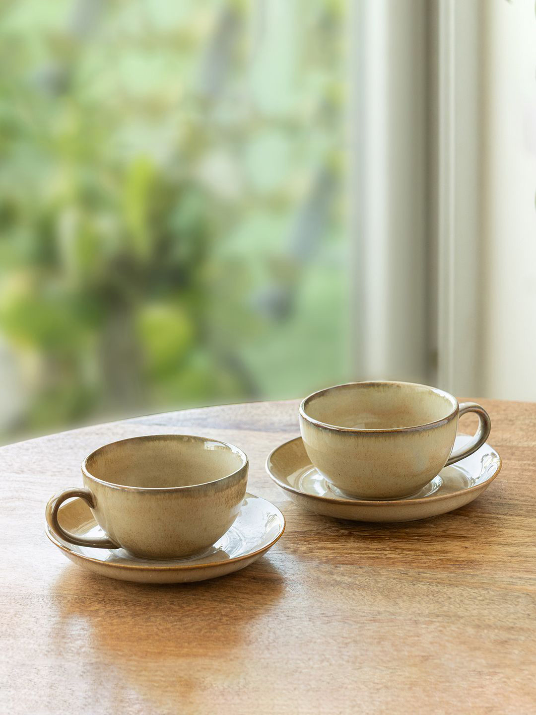 ExclusiveLane Wheat Serenity Set of 2 Porcelain Tea & Coffee Cups & Saucers