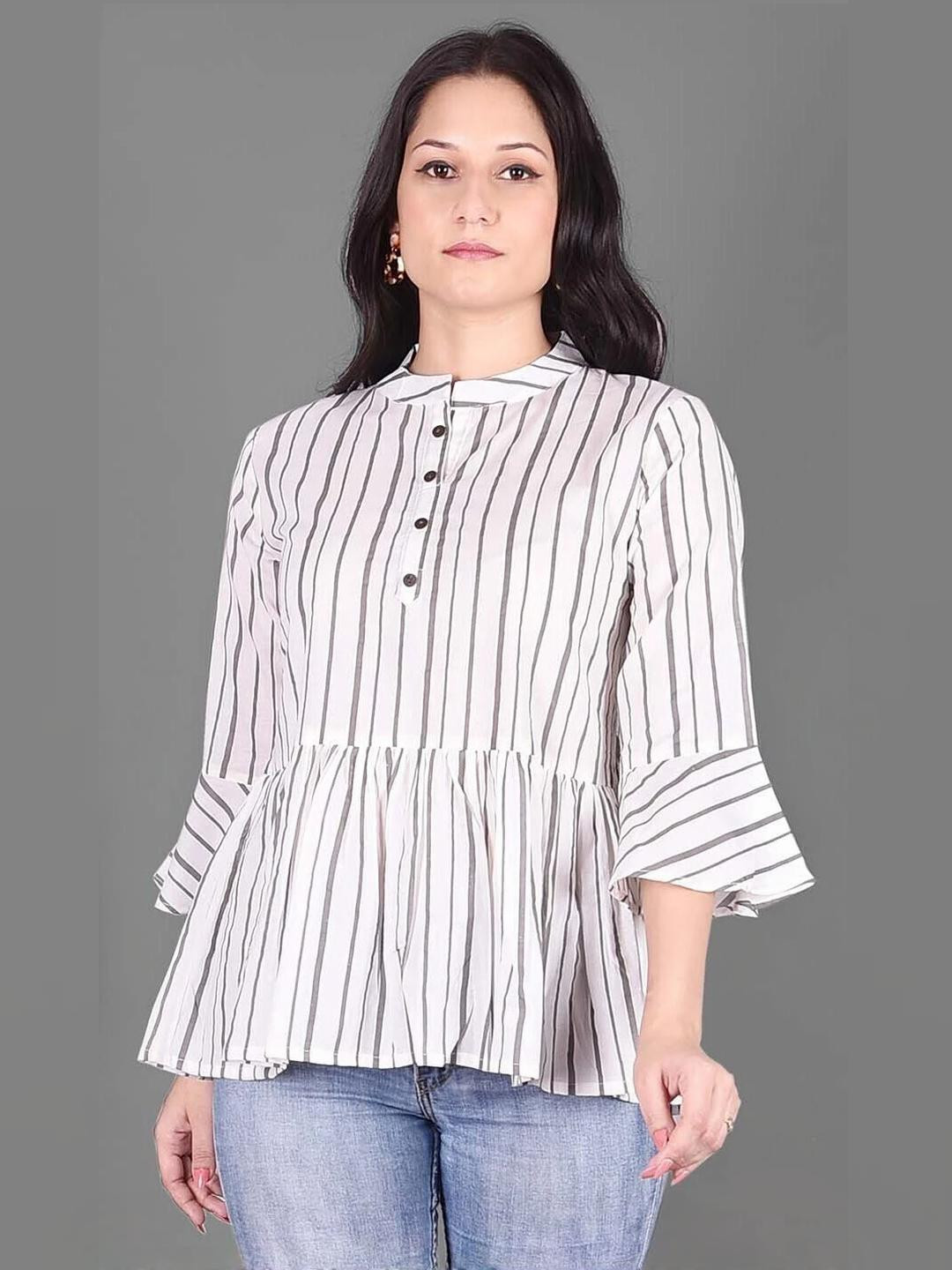 Indiwest Grey & White Stripe Printed Flared Cotton Top