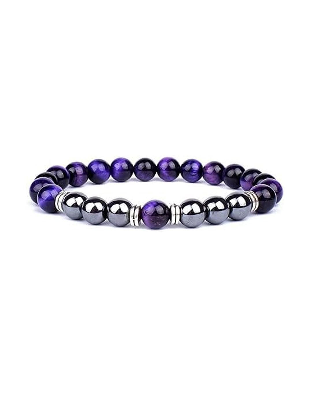 EDMIRIA Unisex Purple Tiger Eye & Hematite Beads Elasticated Slip-On Bracelet