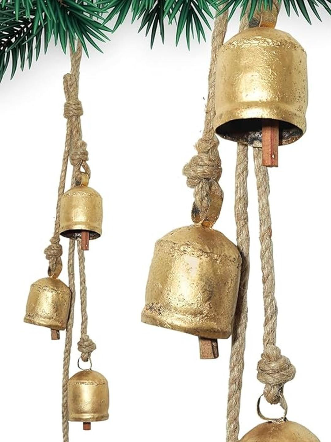 HIGHBIX Set of 4 Rustic Golden Bells on Jute Rope