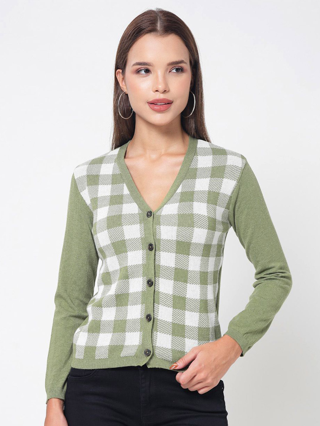 Kalt Women Checked V-Neck Cotton Cardigan Top