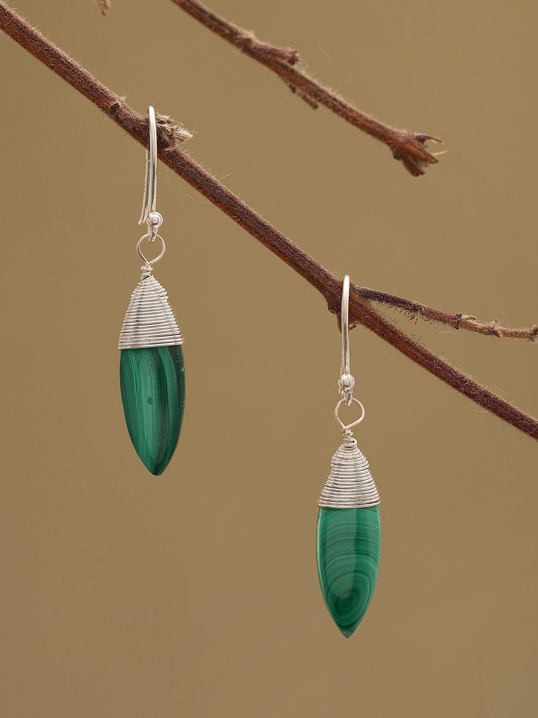 Exotic India Sterling Silver Malachite Gemstone Leaf Shaped Drop Earrings