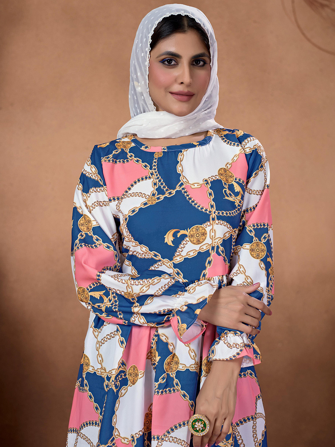 SARINKU Printed Boat Neck Puff Sleeves Fit & Flare Maxi Dress