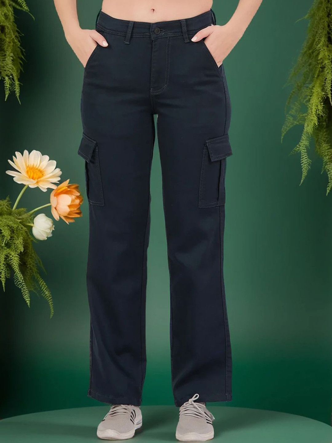 FIREAGE Women Danial Straight Fit High-Rise Stretchable Cargo Jeans