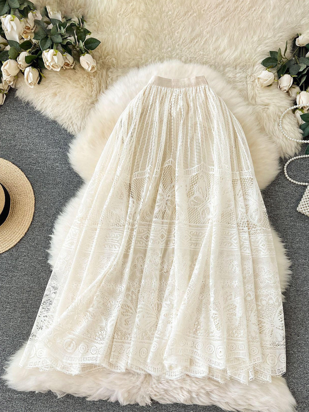 Miss Mosa By Akanksha  Maribel Statement Lace Skirt In Beige