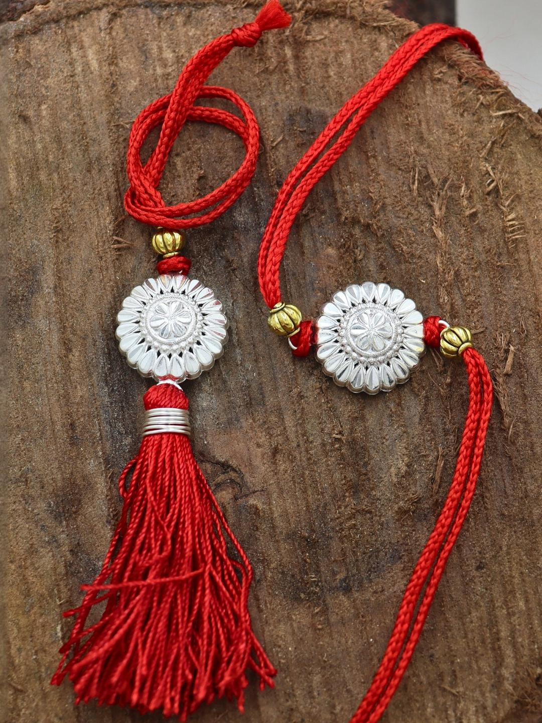 RANA SILVER RAKHI Red Threaded Ethnic Silver Wraparound Rakhi