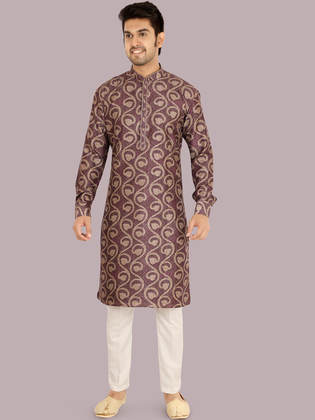 Ethniks Neu-Ron Men Ethnic Motif Print Mandarin Collar Straight Kurta with Pyjamas