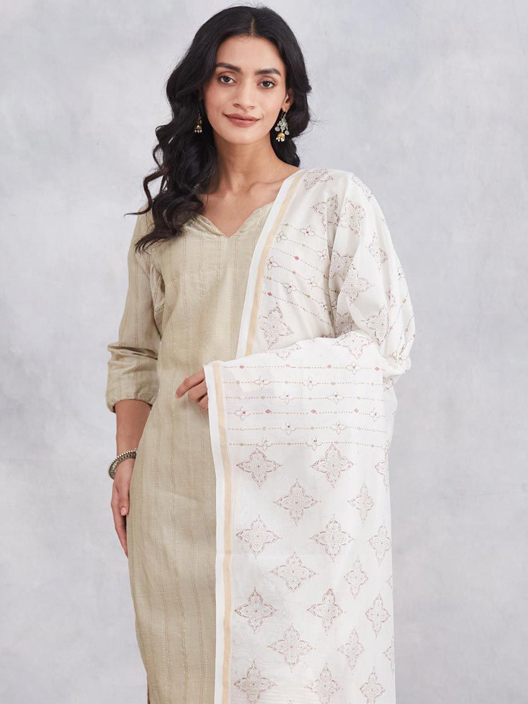 Fabindia Floral Printed Cotton Silk Dupatta