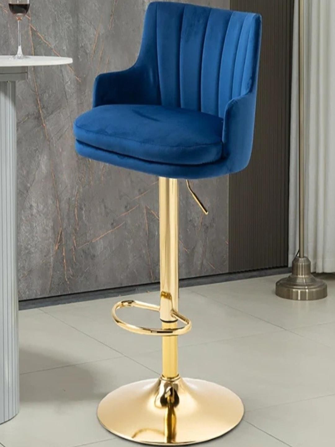 Doe Buck Premium Velvet Adjustable Bar Chair  Blue with Gold Base