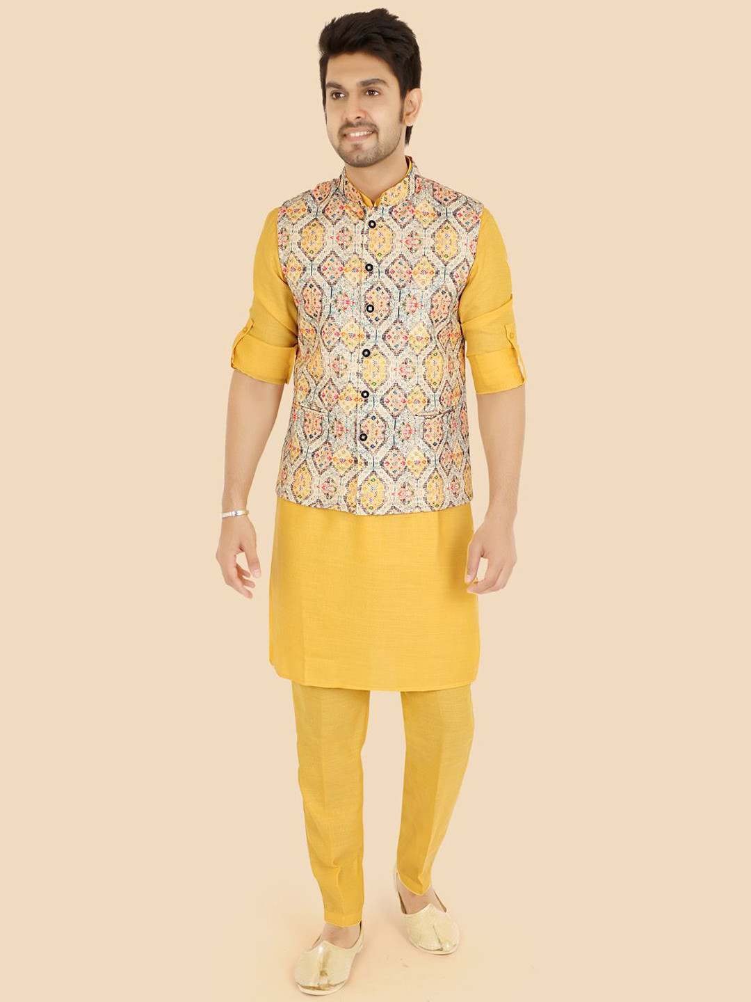 Ethniks Neu-Ron Men Solid Satin Kurta with Pyjamas & Nehru Jacket