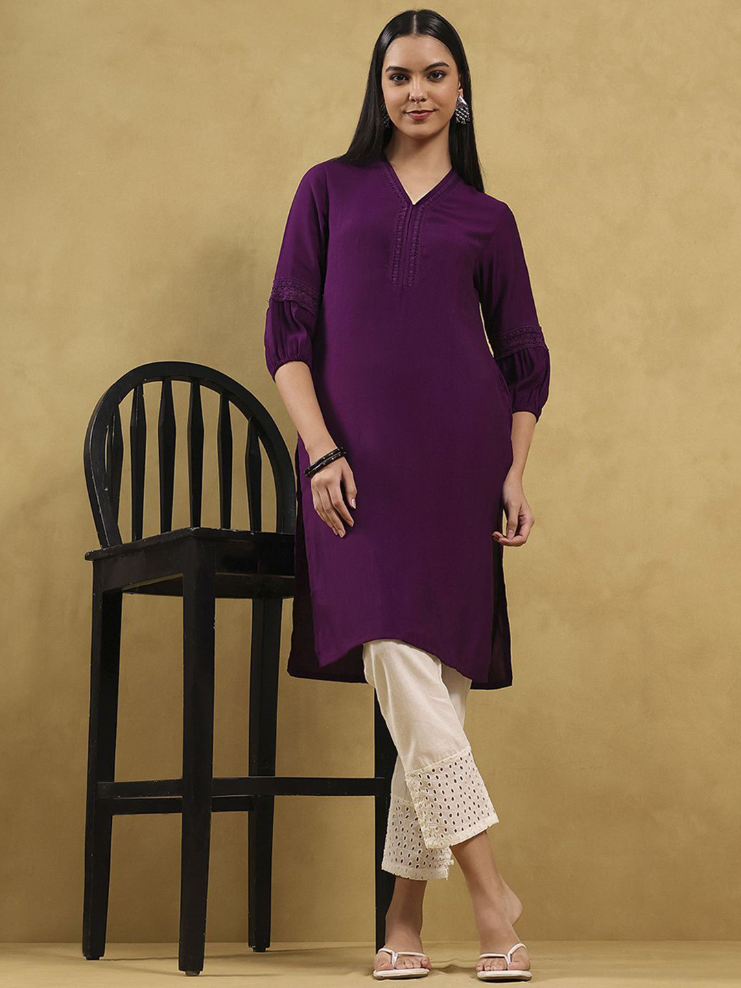 Rangriti V-Neck High-Low Straight Thread Work Kurta