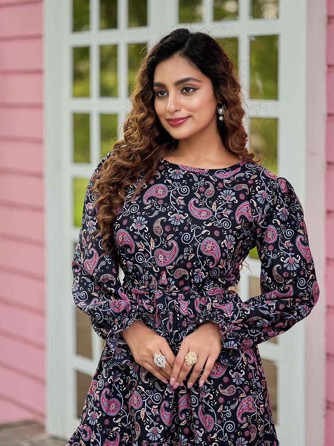 SARINKU Paisley Print Puff Sleeve Crepe Fit & Flare Maxi Dress
