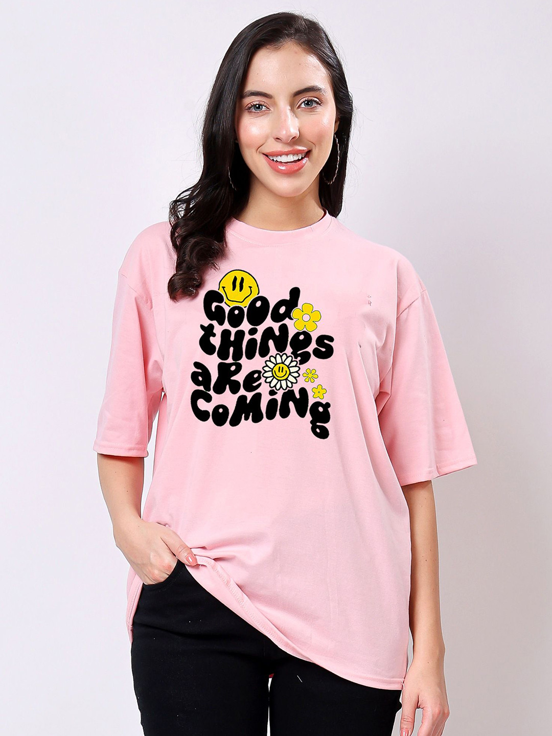 TQH Typography Printed Round Neck Drop-Shoulder Sleeves Oversized Cotton T-shirt