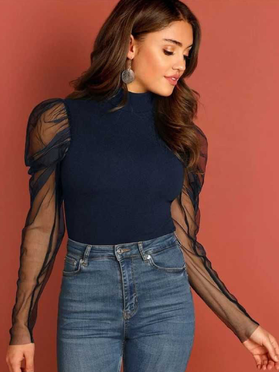 TANDUL Women Solid High Neck Puff Sleeve Top
