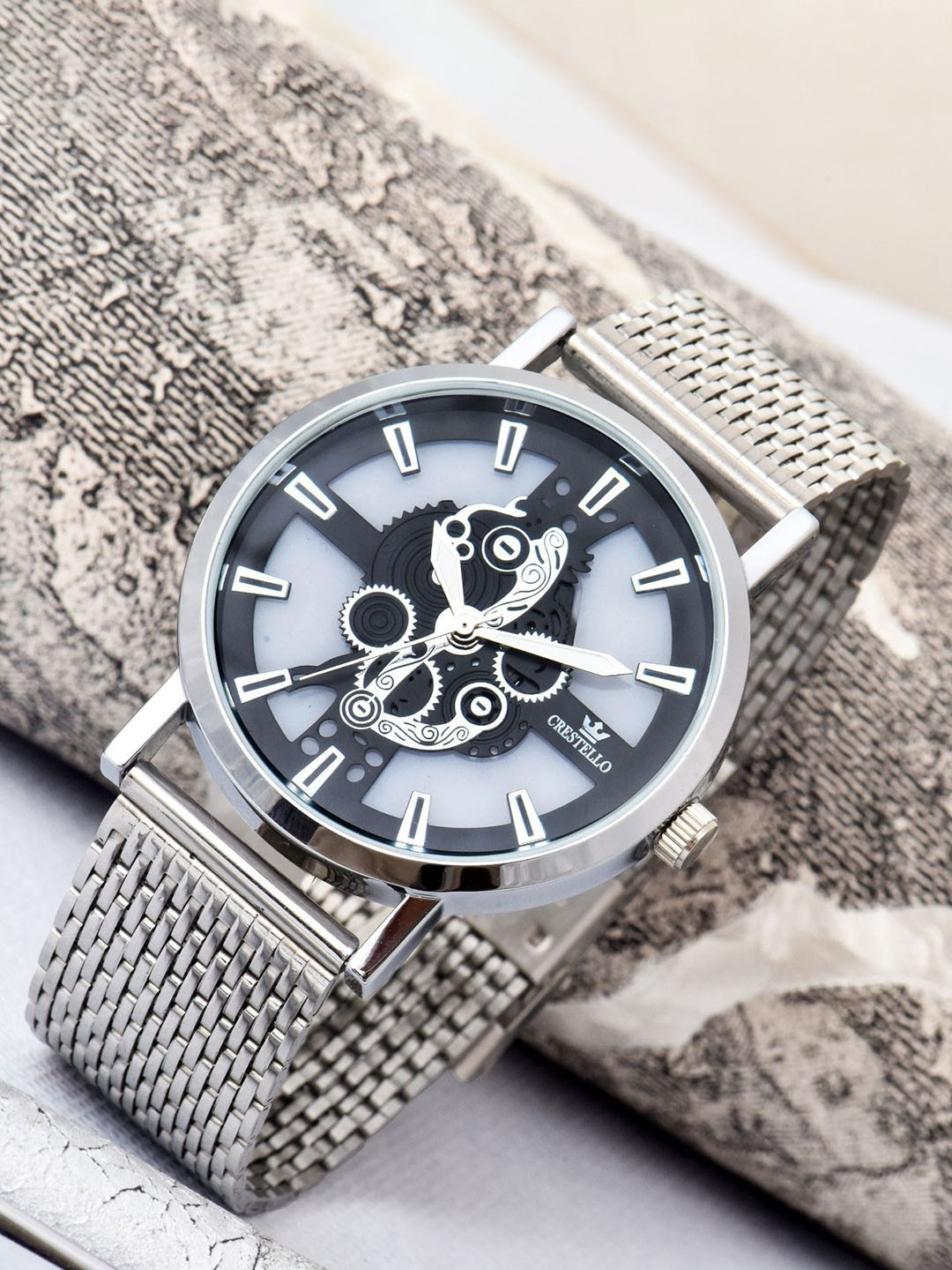 CRESTELLO Men Skeleton Dial & Stainless Steel Straps Analogue Watch CR-WT246-BLK-CH