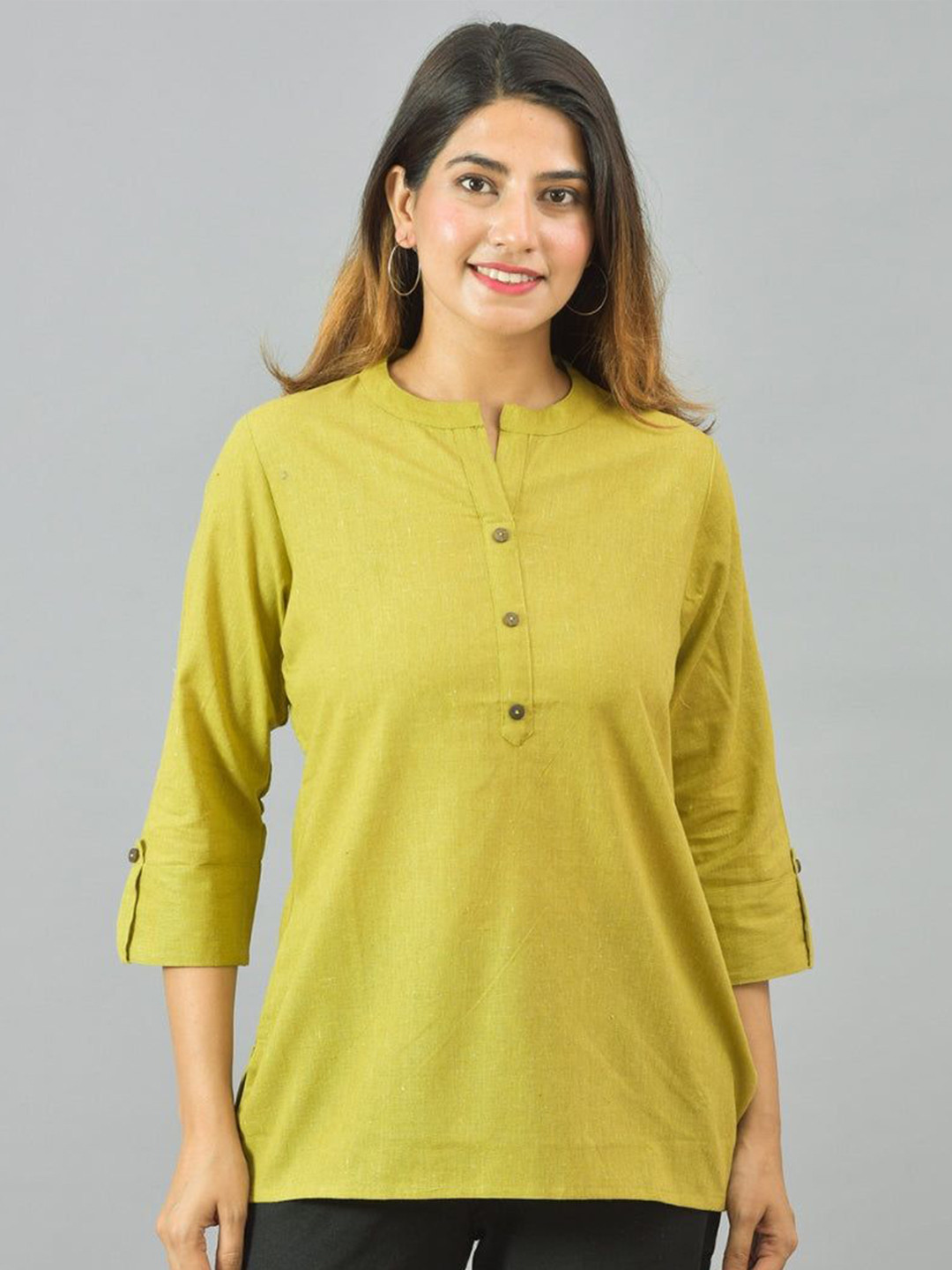 Anouk Rustic Women High Neck Roll-Up Sleeves Cotton Top