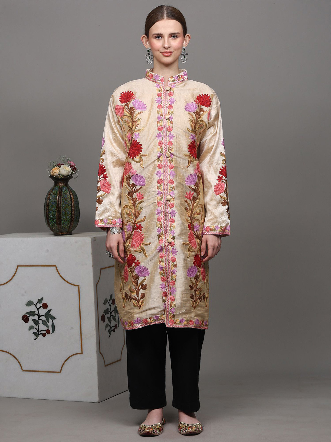 Exotic India Women Embroidered Floral Longline Tailored Jacket