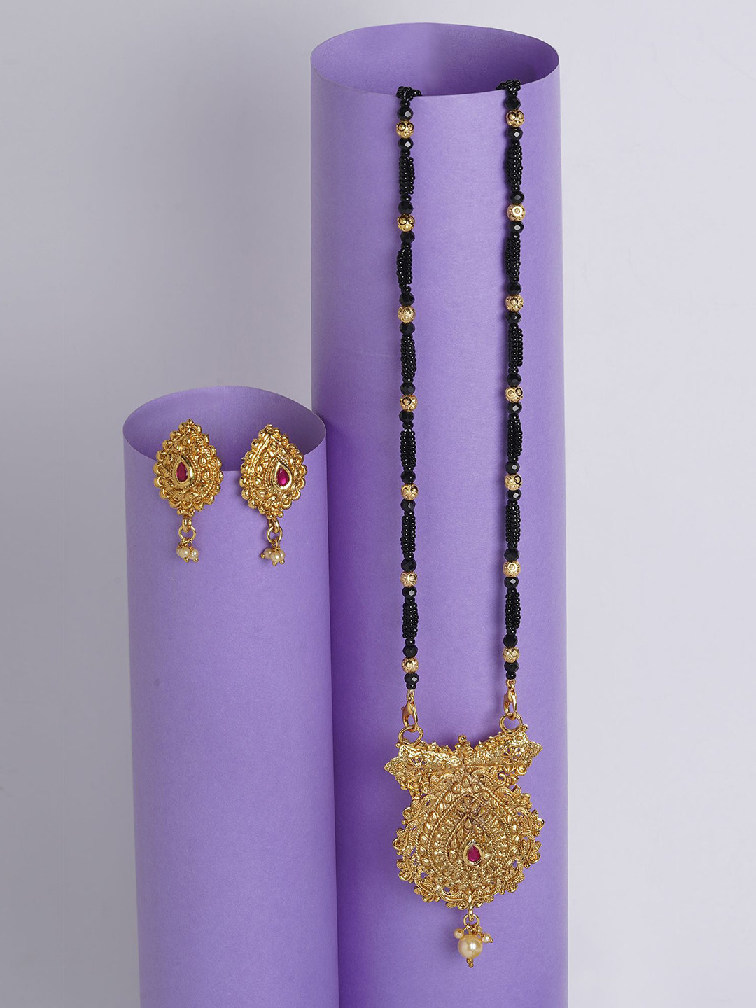 Shining Glory Gold-Plated Artificial Stones Studded & Beaded Mangalsutra With Earrings