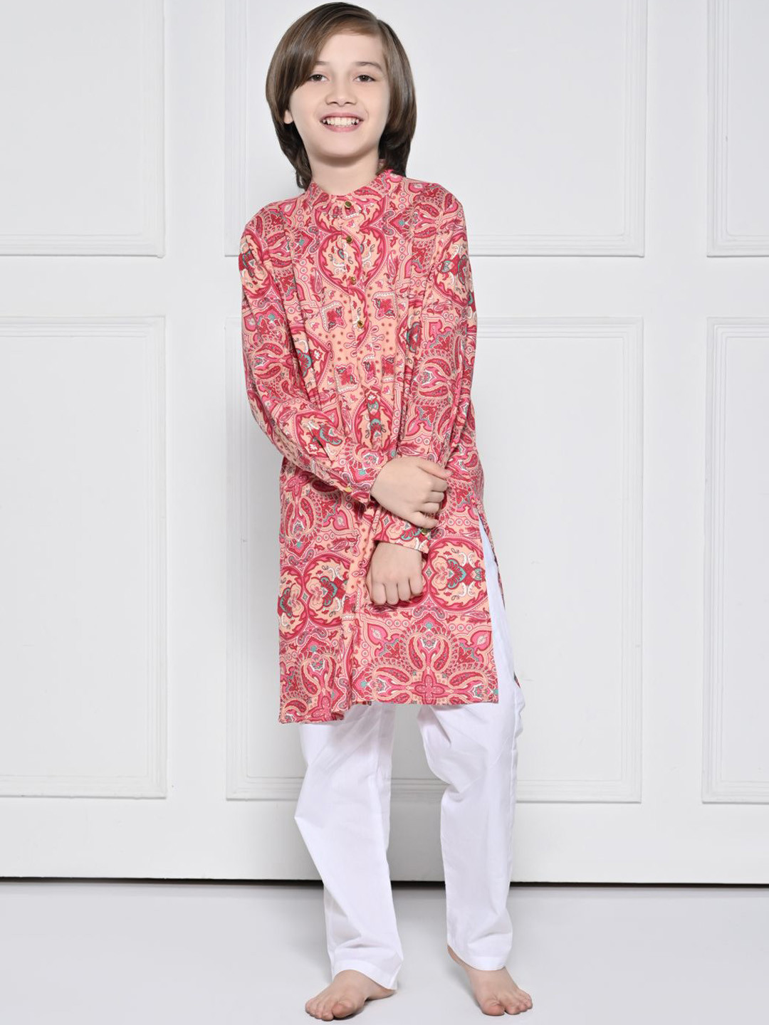THE PONY & PEONY CO. Boys Ethnic Motifs Printed Band Collar Pure Cotton Kurta With Pyjama