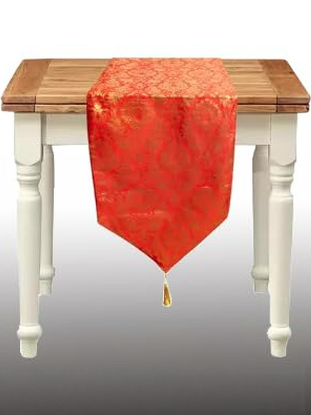 Pink Parrot Red & Gold Printed Jacquard Silk Table Runner