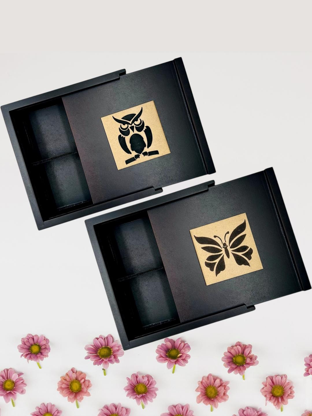 Angira handicrafts Set of 2  Wooden 4 Section Handcrafted Square Dry Fruit Box