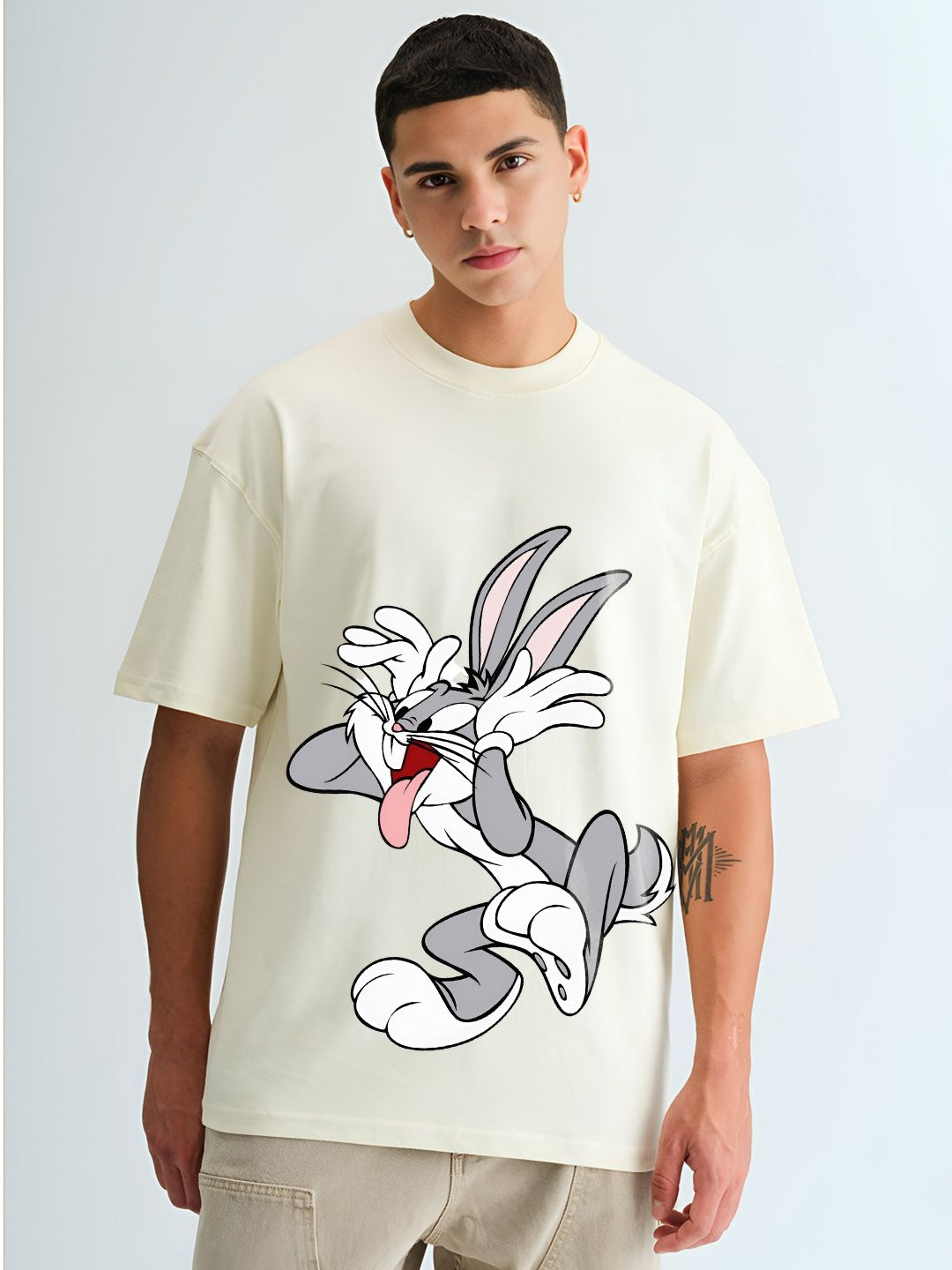 BDSQUARE Rabbit Graphic Printed Drop-Shoulder Sleeves Cotton Oversized T-shirt