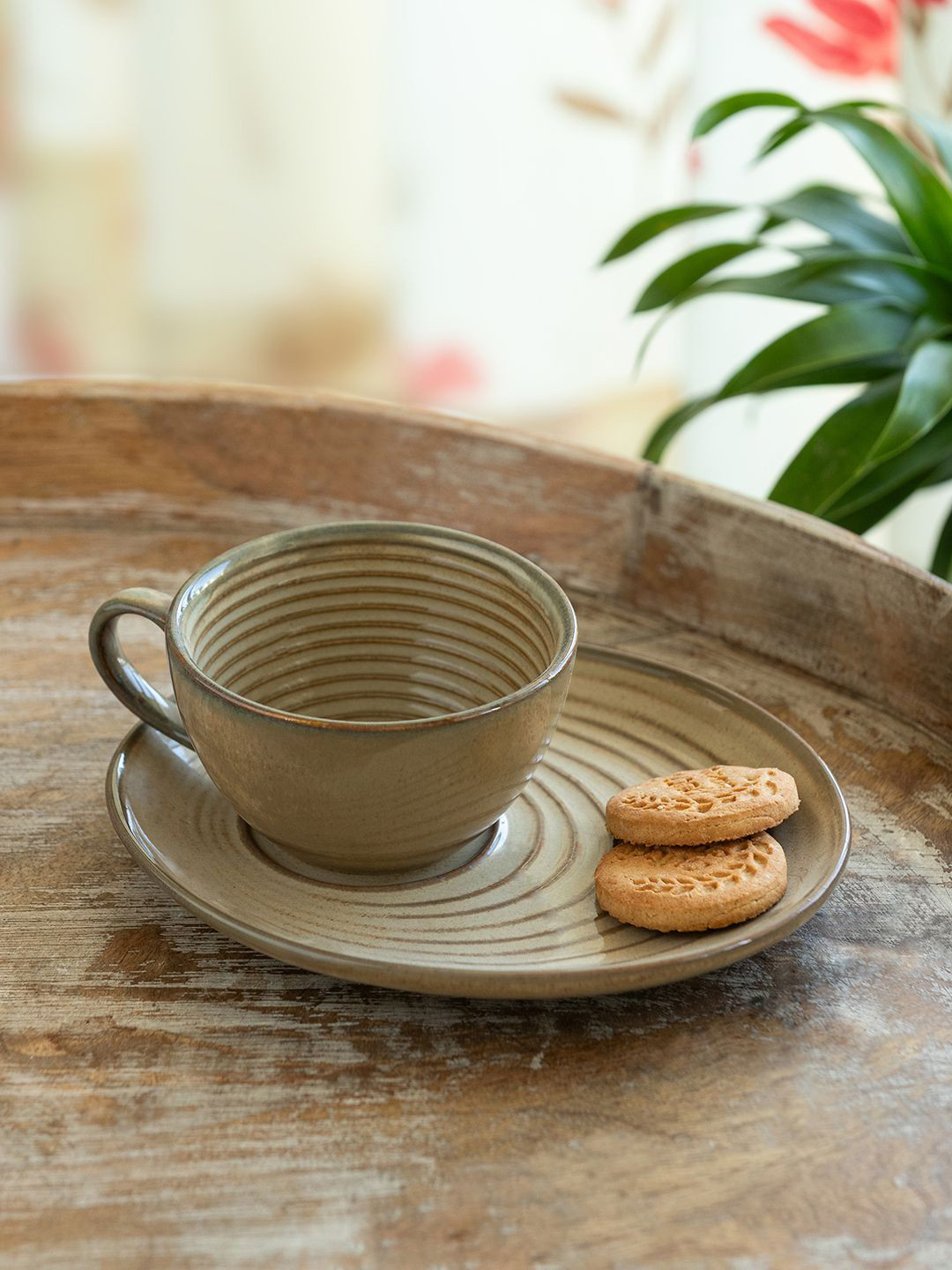 ExclusiveLane 'Wheat Serenity' Porcelain Cups & Saucers - 220 ML
