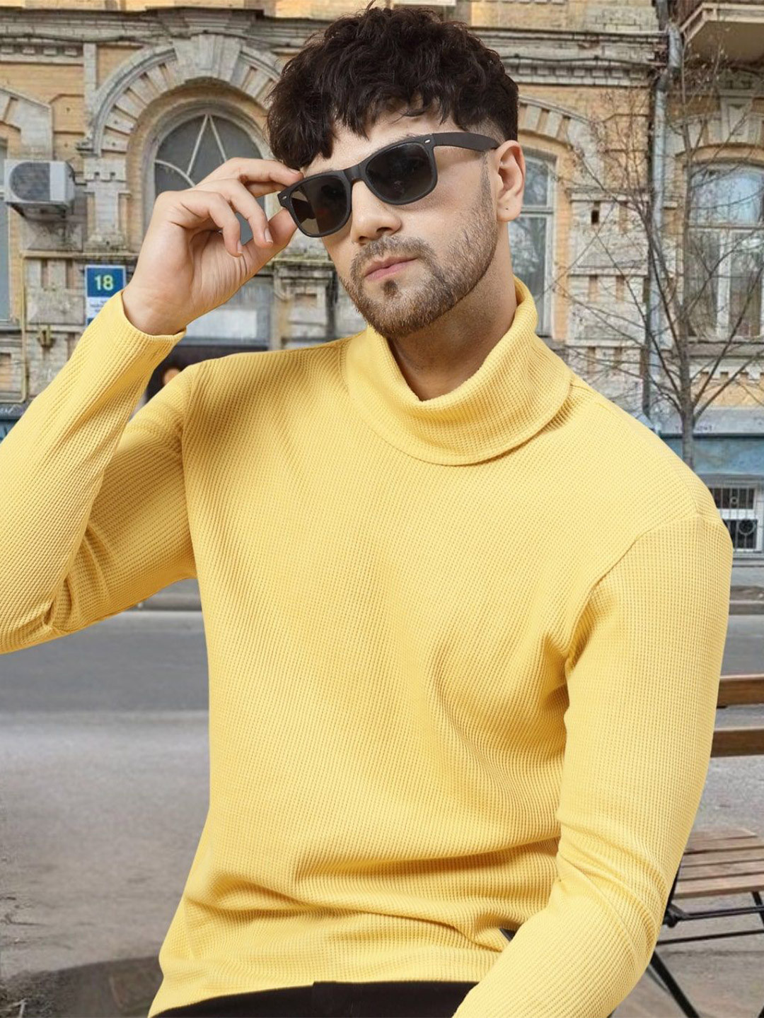 Rigo Men Yellow Self Design High Neck T-shirt
