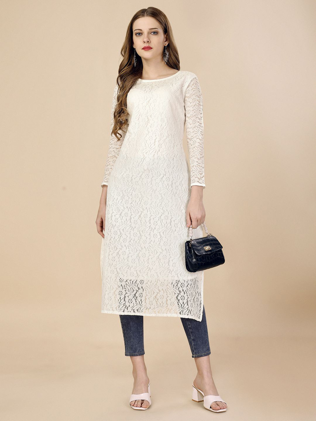 Rensa Floral Printed Net Straight Kurta