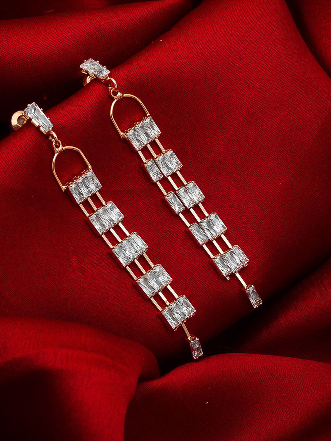 Anouk Gold Plated American Diamonds Studded Rectangle Shaped Drop Earrings