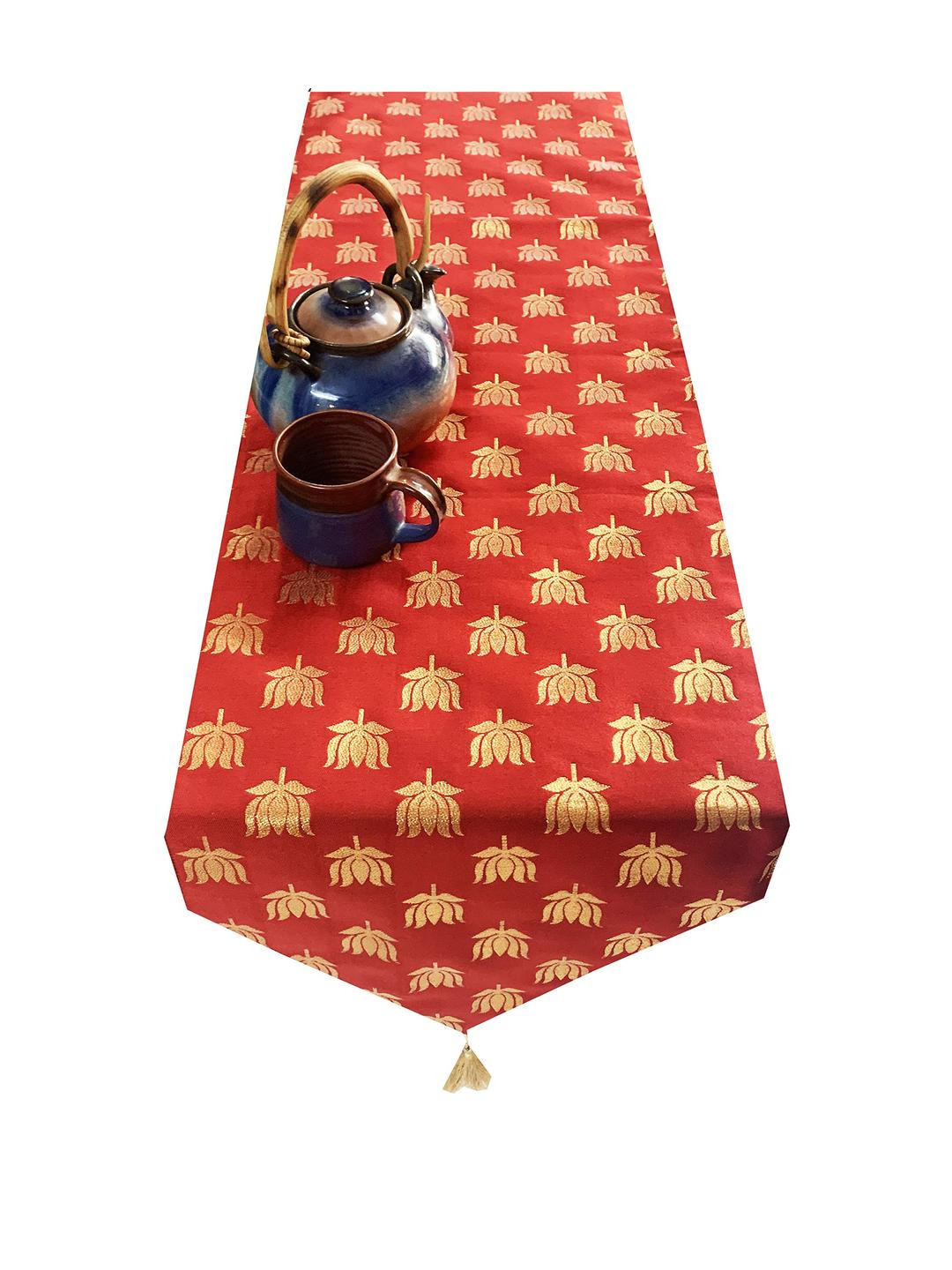 Pink Parrot Red & Gold Lotus Printed Jacquard Silk Table Runner