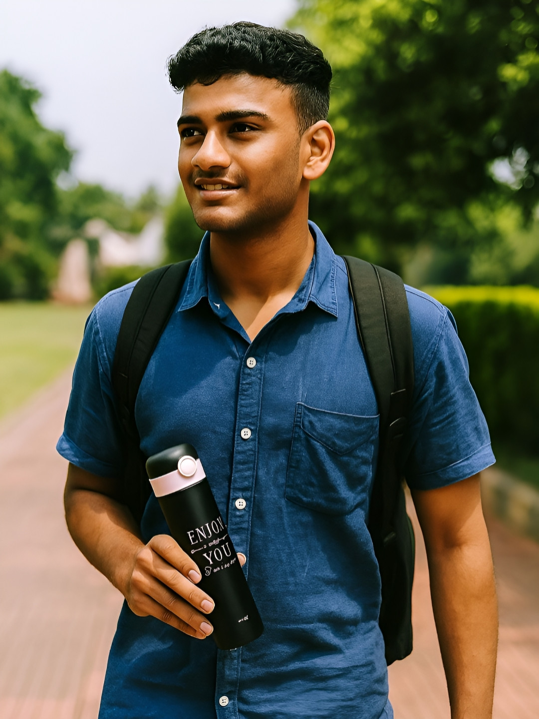 iSWEVEN Black Stainless Steel Printed Double Wall Vacuum Thermos Flask Water Bottle-500 ml