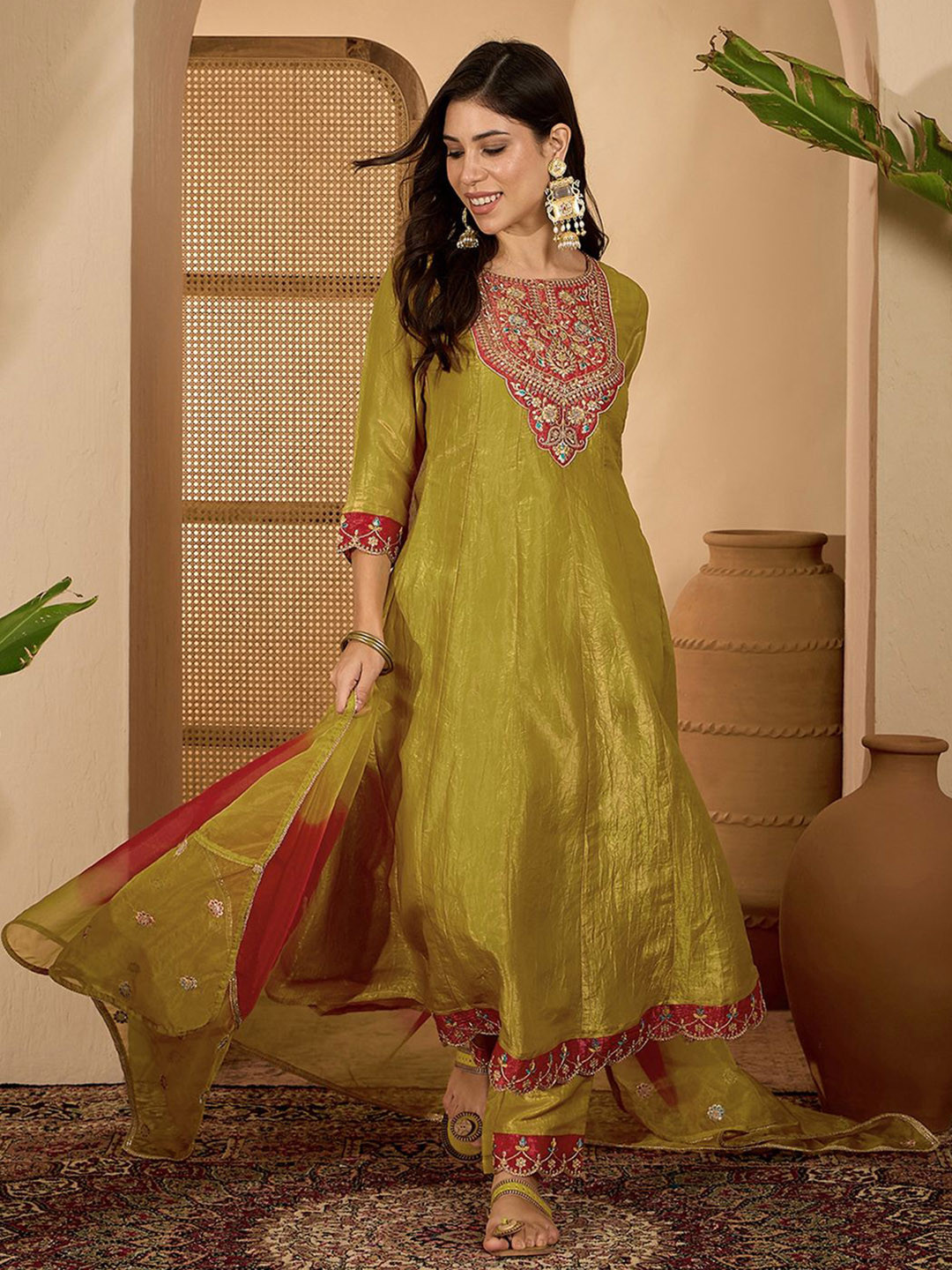 Sangria Floral Yoke Design Round Neck Panelled A-Line Kurta With Trouser & Dupatta