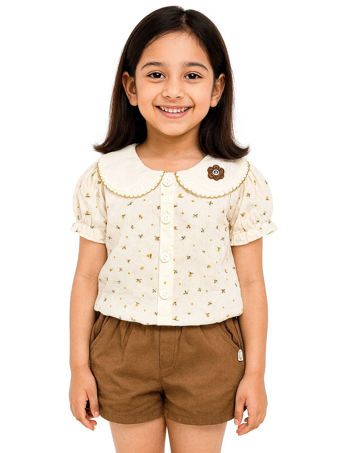 POP STREET KIDS Vintageinspired Girls Floral Printed Peter Pan Collar Top With Shorts