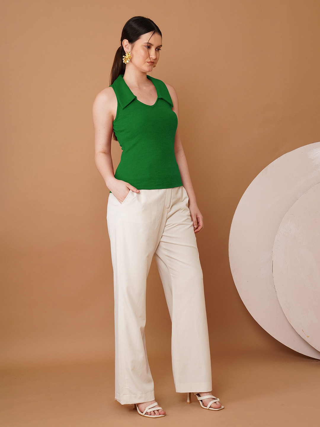 Chemistry Women Ribbed Above the Keyboard Collar Cotton Fitted Top