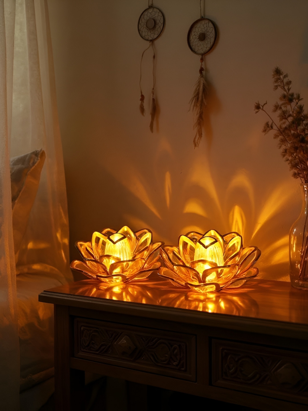 Extreme Karigari Set of 2 Crystal Glass Lotus Candle Holder Gold