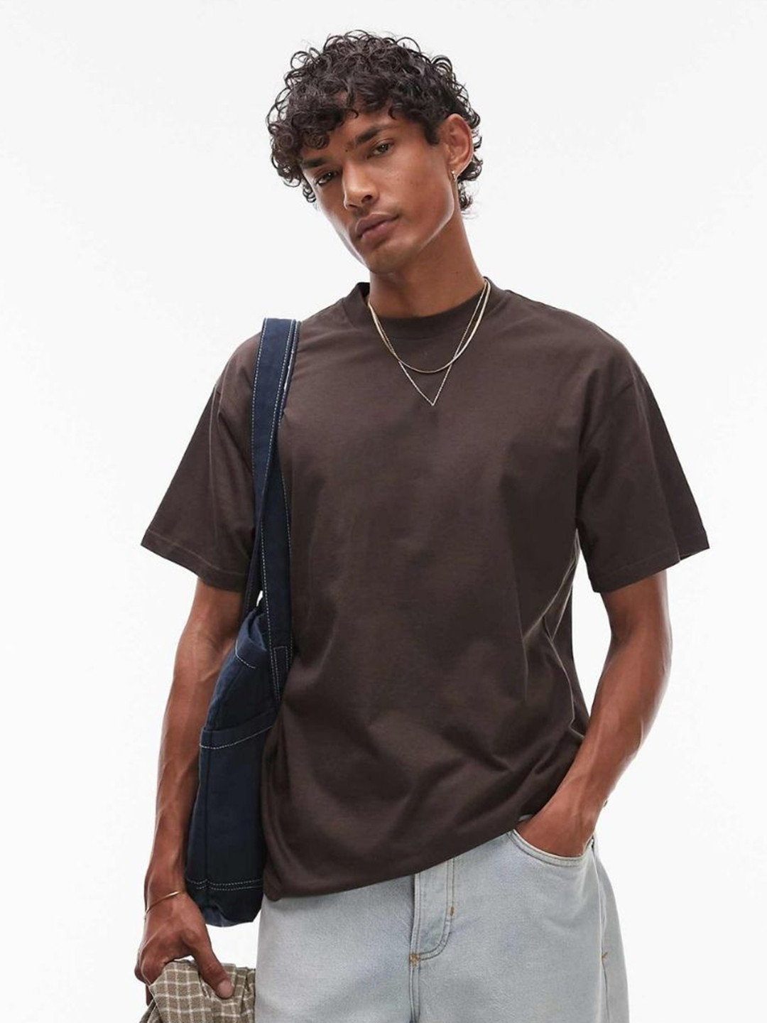 SMAN Oversized Brown Cotton T-shirt with Drop-Shoulder Sleeves