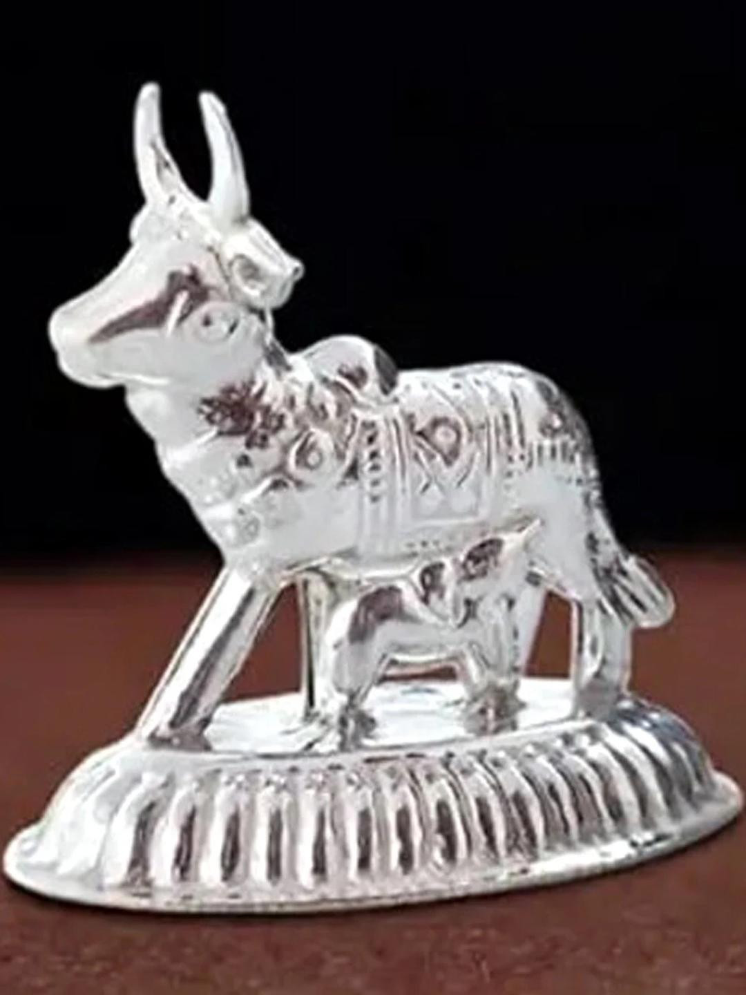 ASTRO-D Silver Cow and Calf Idol for Pooja Kamdhenu
