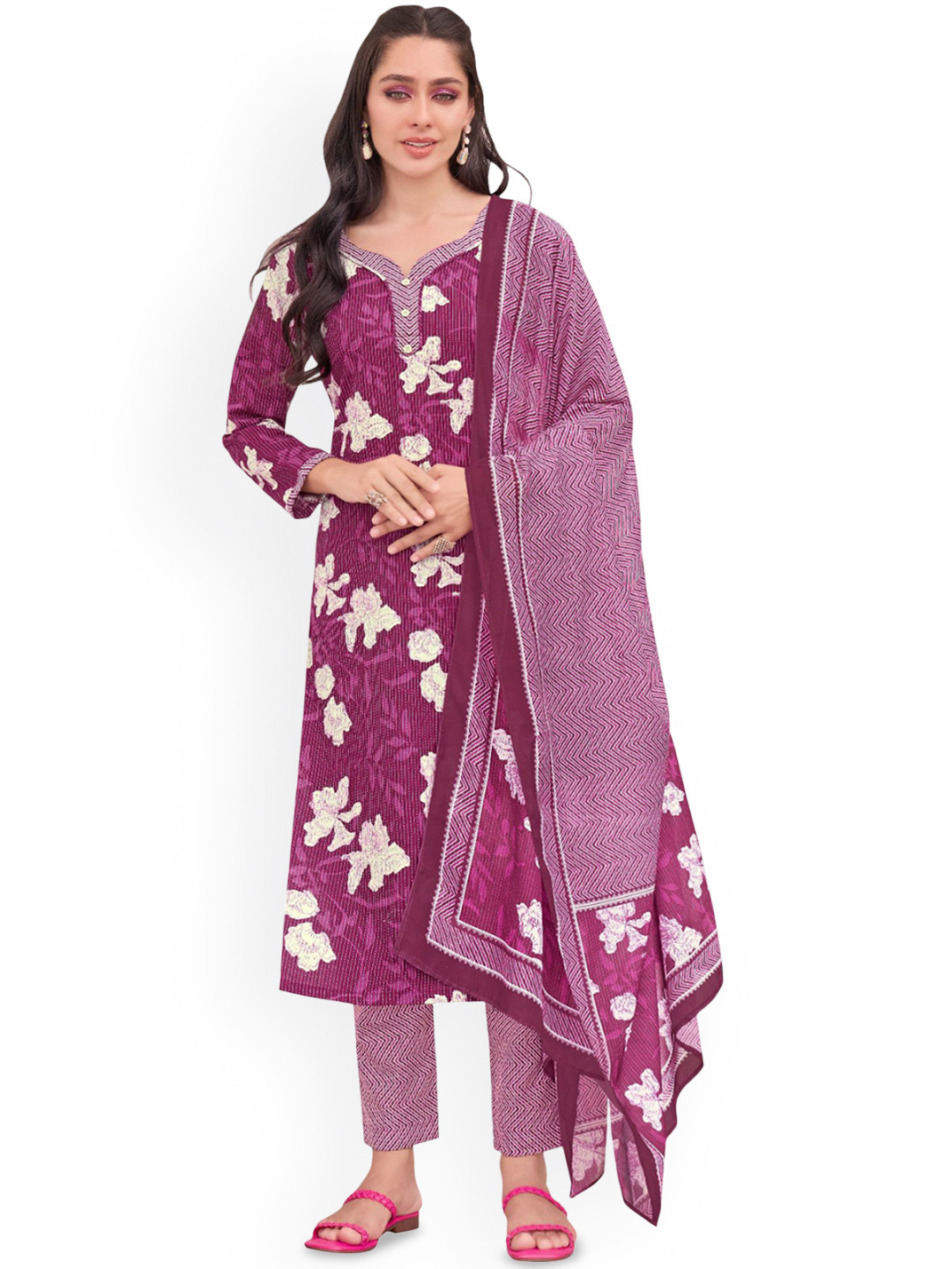 Simmu Women Printed Pure Cotton Kurta with Trousers & With Dupatta