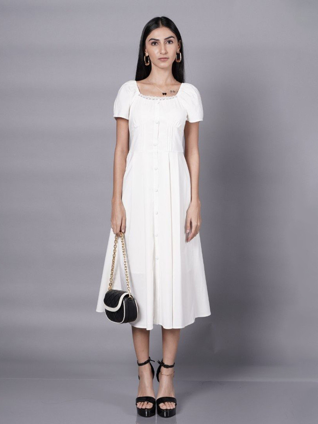 French Theory Women Solid Pleated Cotton Fit and Flare Midi Dress