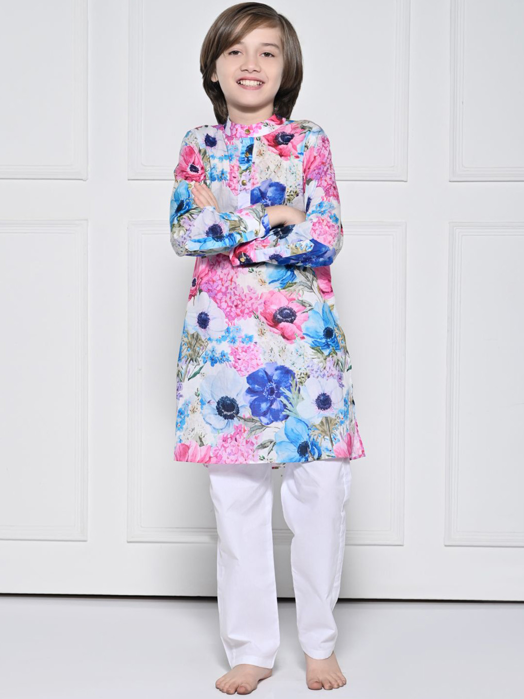 THE PONY & PEONY CO. Boys Floral Printed Band Collar Kurta With Pyjama
