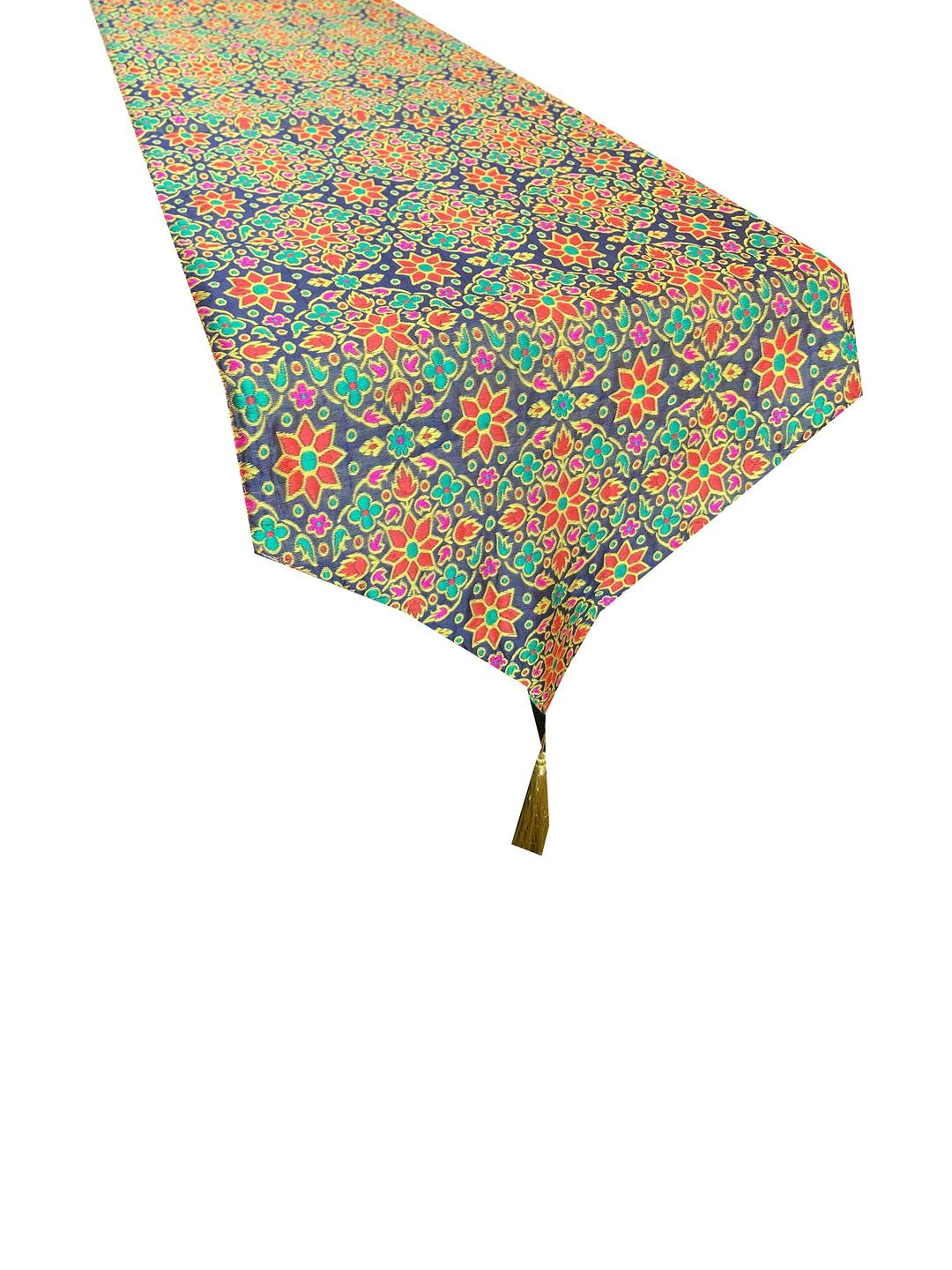 Pink Parrot Jacquard Blue Floral Printed Jacquard Silk Table Runner