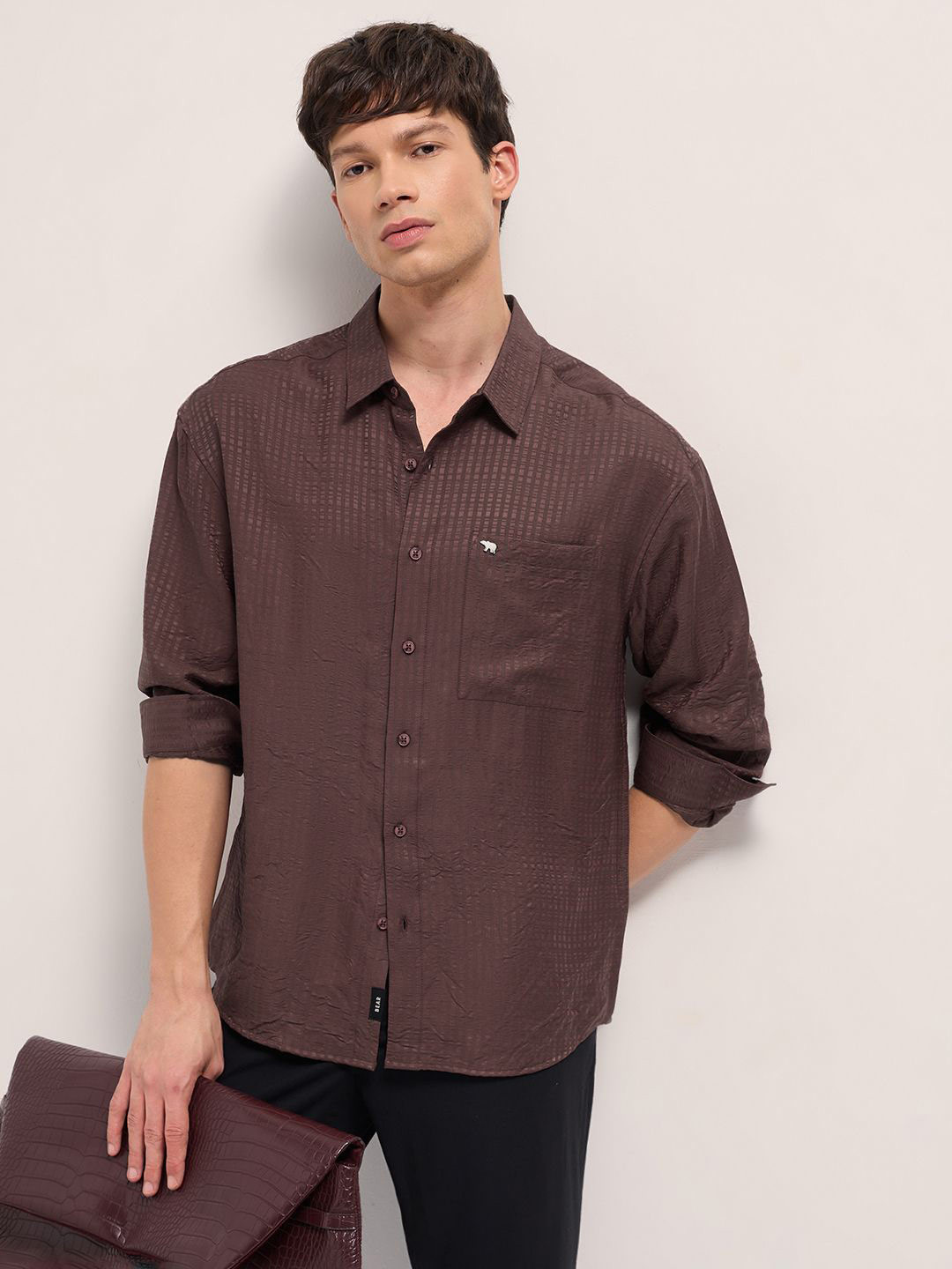 THE BEAR HOUSE Crinkled Pin Striped Relaxed Fit Casual Shirt