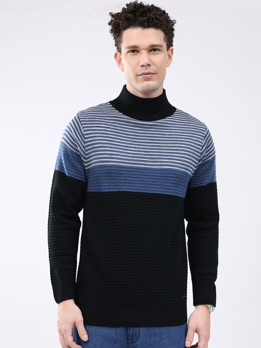 Monte Carlo Men Striped High Neck Long Sleeves Pullover Sweater