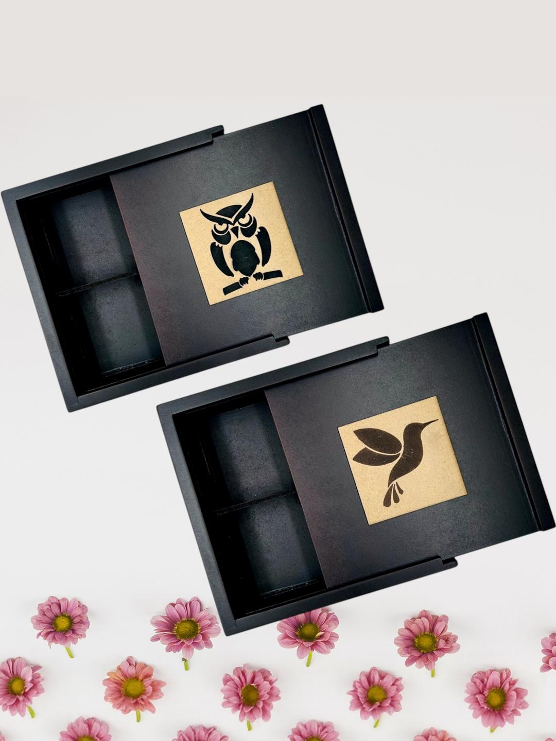 Angira handicrafts Black Set Of 2 Wooden Birds Printed Dry Fruit Box
